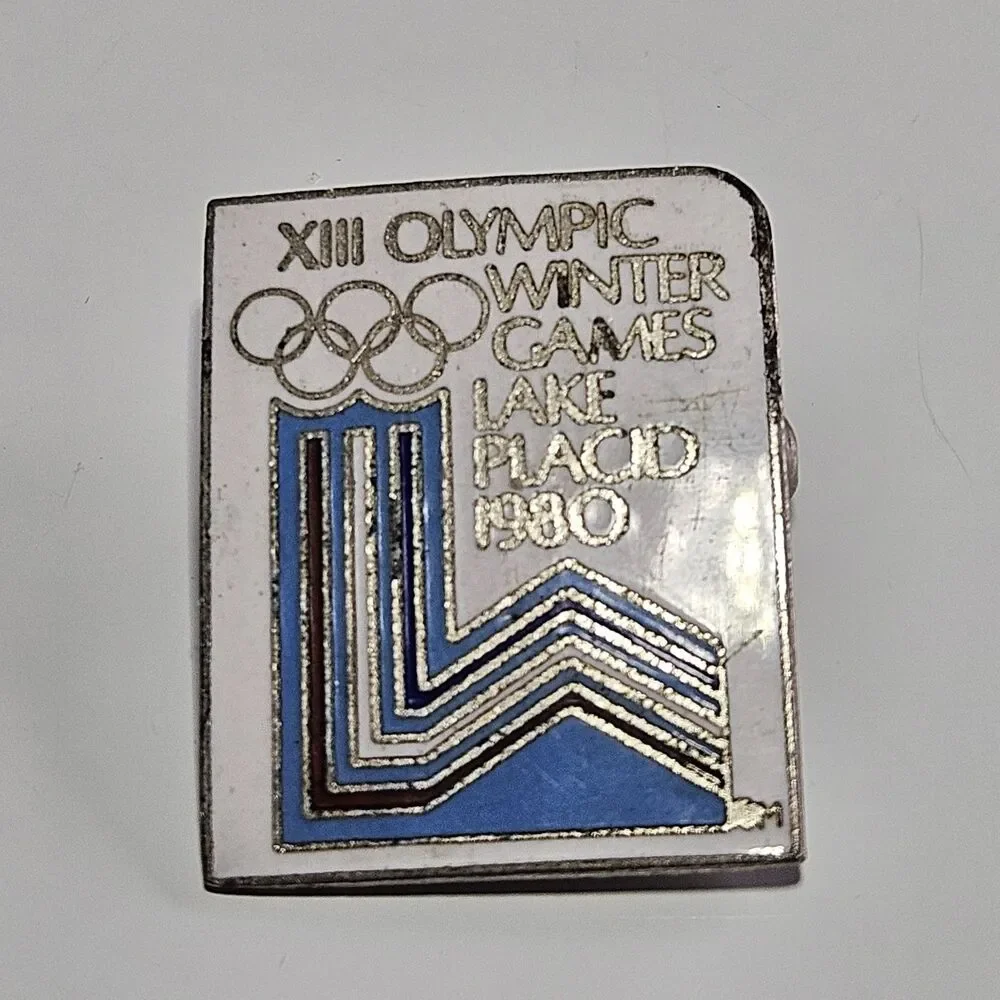 Vntg 1980 XIII Olympic Winter Games Lake Placid Enamel Lapel Pin Silver Tone